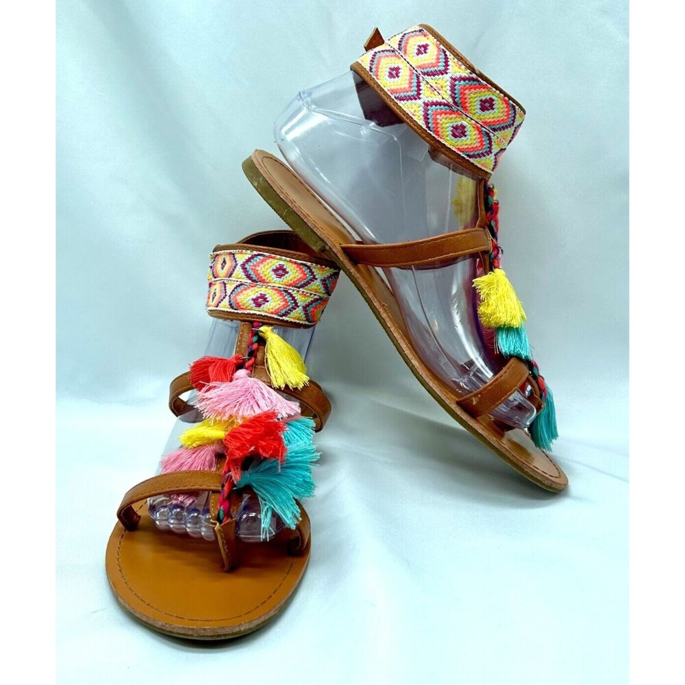ATELIER PANAME Boho Tassel Flat Sandals- Multi-Color Ankle Strappy- Sz 3…